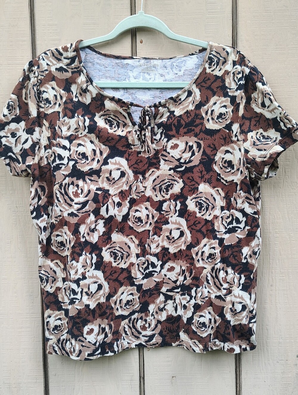 St. John's Bay Floral Short Sleeve Top XL 100% Cotton Brown Beige Rose Print